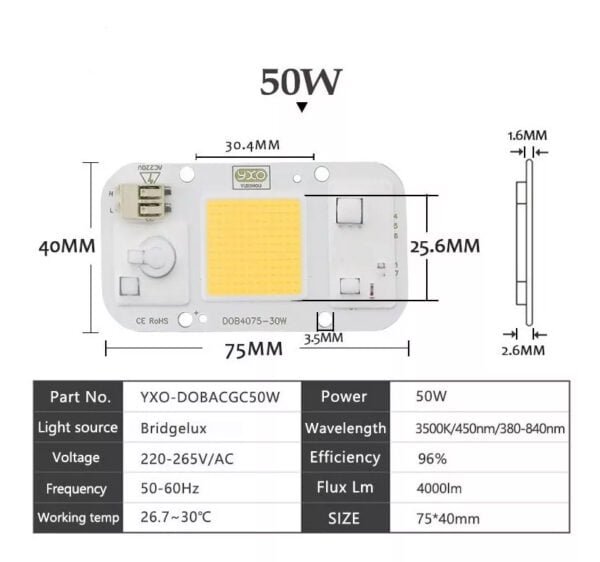 Chip Led COB YXO 50w Blanco Calido Cultivo Indoor - Imagen 2